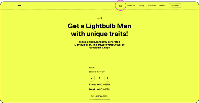 Picture explaining how to purchase a Lightbulbman NFT